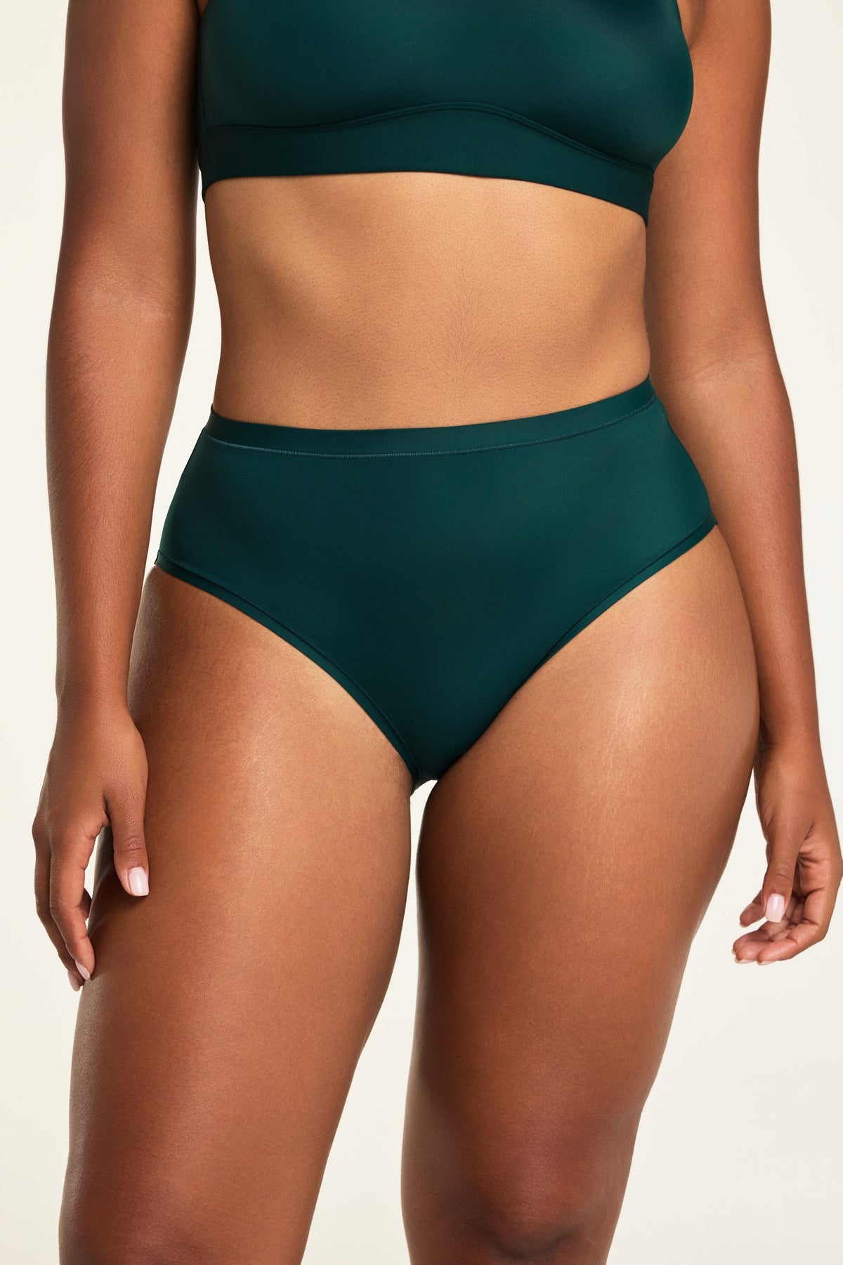 Front on-model shot of the Bliss French Cut Brief in Pine paired with the Bliss Scoop Bralette in Pine. sizing: Amber wears size Medium