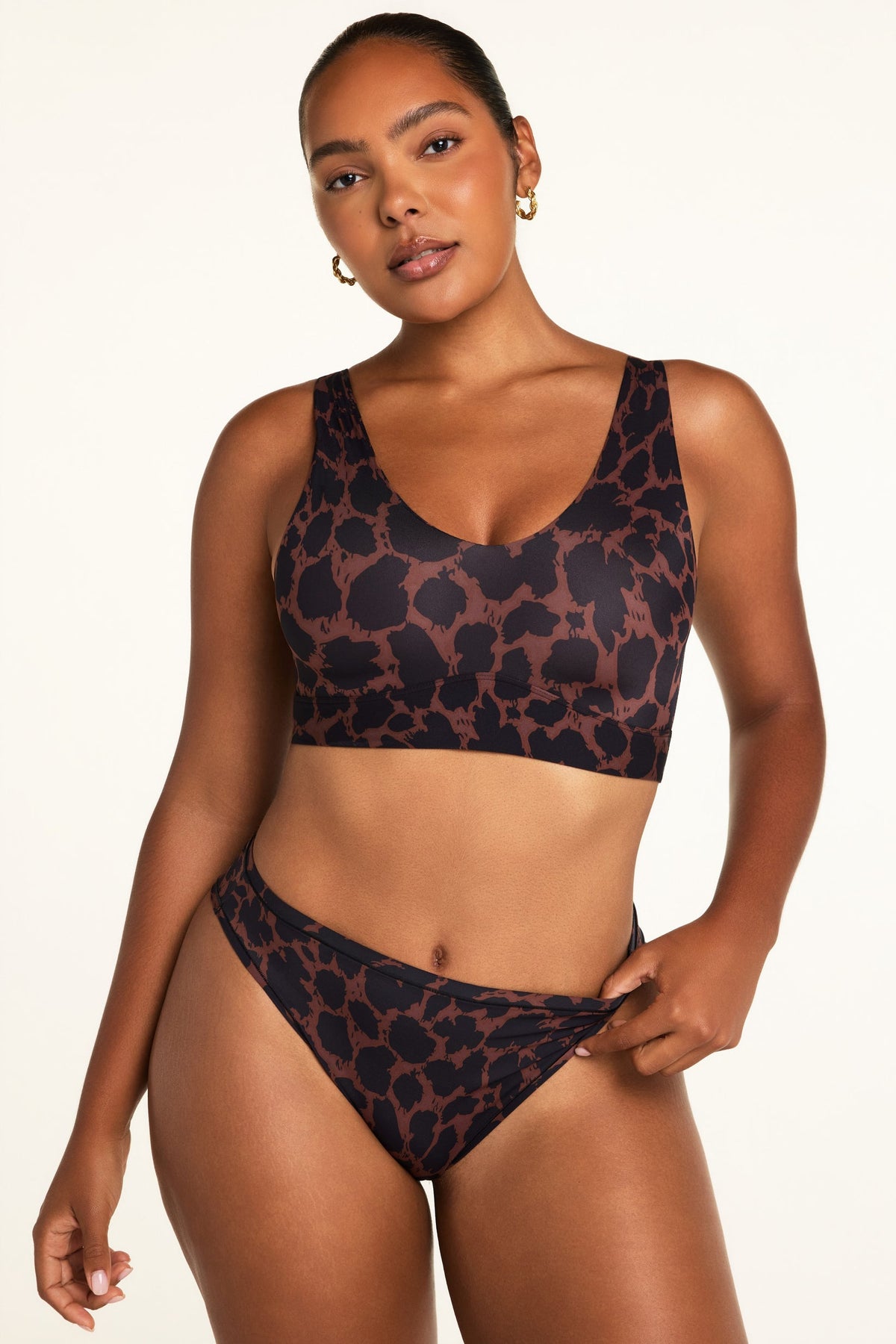 Close-up front view of the Bliss Bralette in Leopard paired with the Bliss French Cut Brief in Leopard.